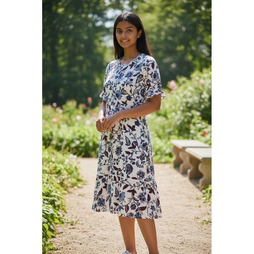 Linen Liz Claiborne Dress Womens Size 14 White Blue‎ Burgundy Floral Midi tiered